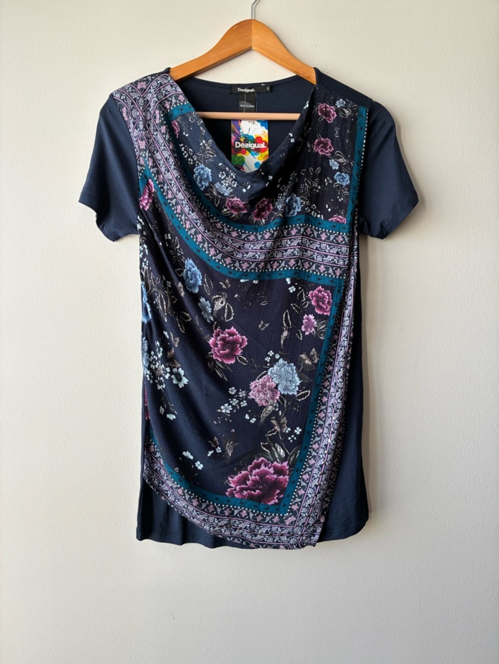 Desigual Multicolor Floral "Hankerchief" Art To Wear Stretch Knit Top Sz S